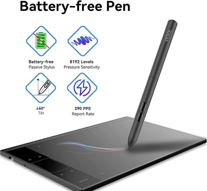 Grafiktablett VEIKK A30 V2 mit 4 Sensortasten und einem Gestenpad, 10x6 Zoll Pen Tablet mit Batterie