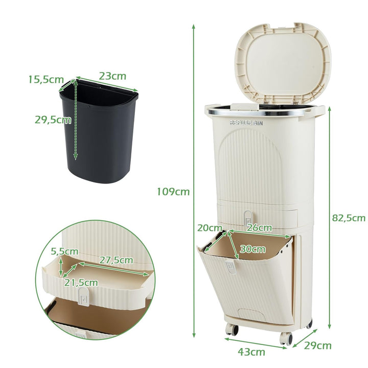 LIFEZEAL 38L / 42L Mülleimer auf Rädern, Abfalleimer mit 3 Fächern & Deckel, Tretmülleimer mit Griff
