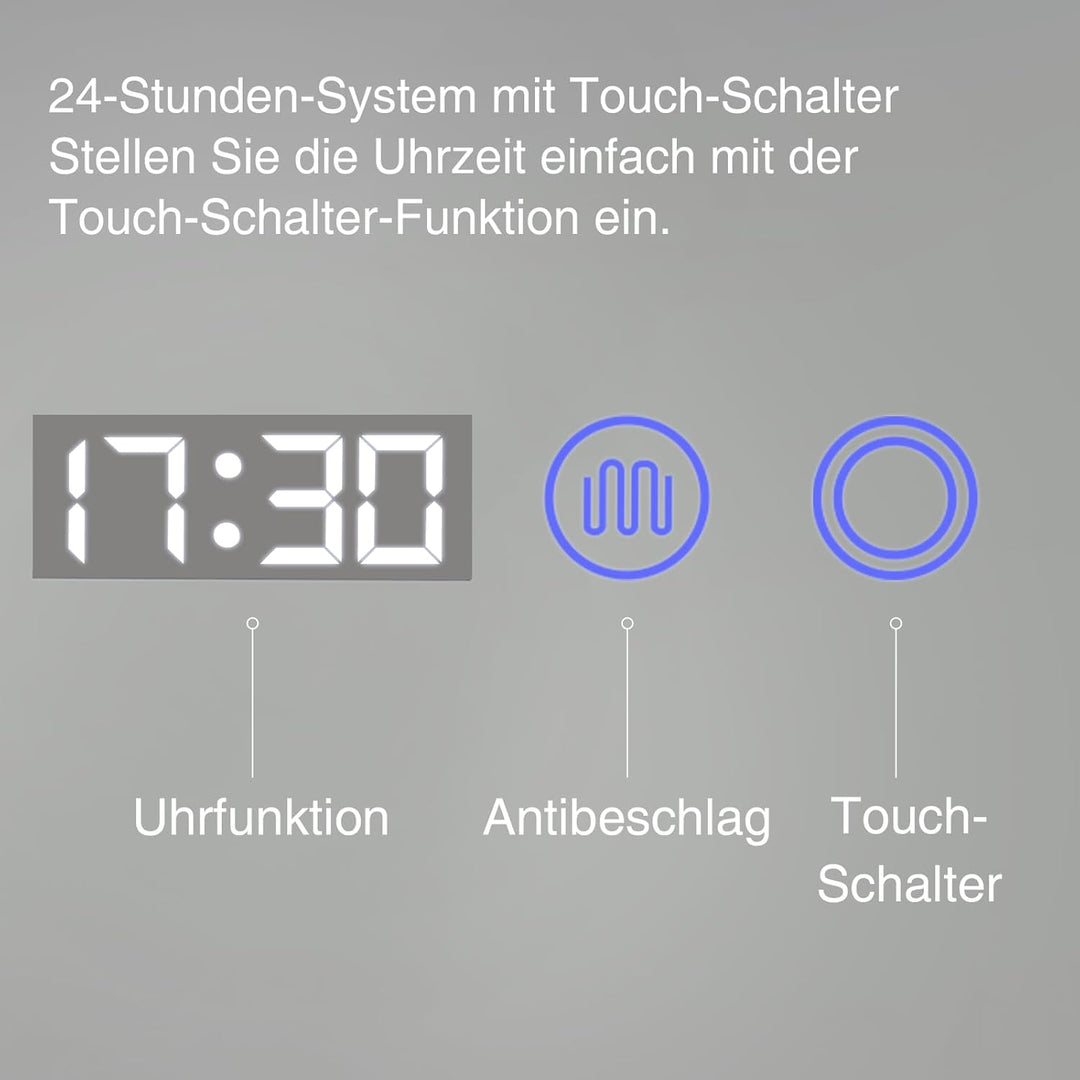 YOURLITE Badspiegel mit Beleuchtung 80x60 cm,LED Badezimmerspiegel mit Uhr Weiss - 80x60, Weiss - 80