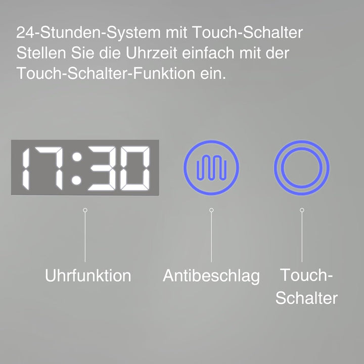 YOURLITE Badspiegel mit Beleuchtung 80x60 cm,LED Badezimmerspiegel mit Uhr Weiss - 80x60, Weiss - 80