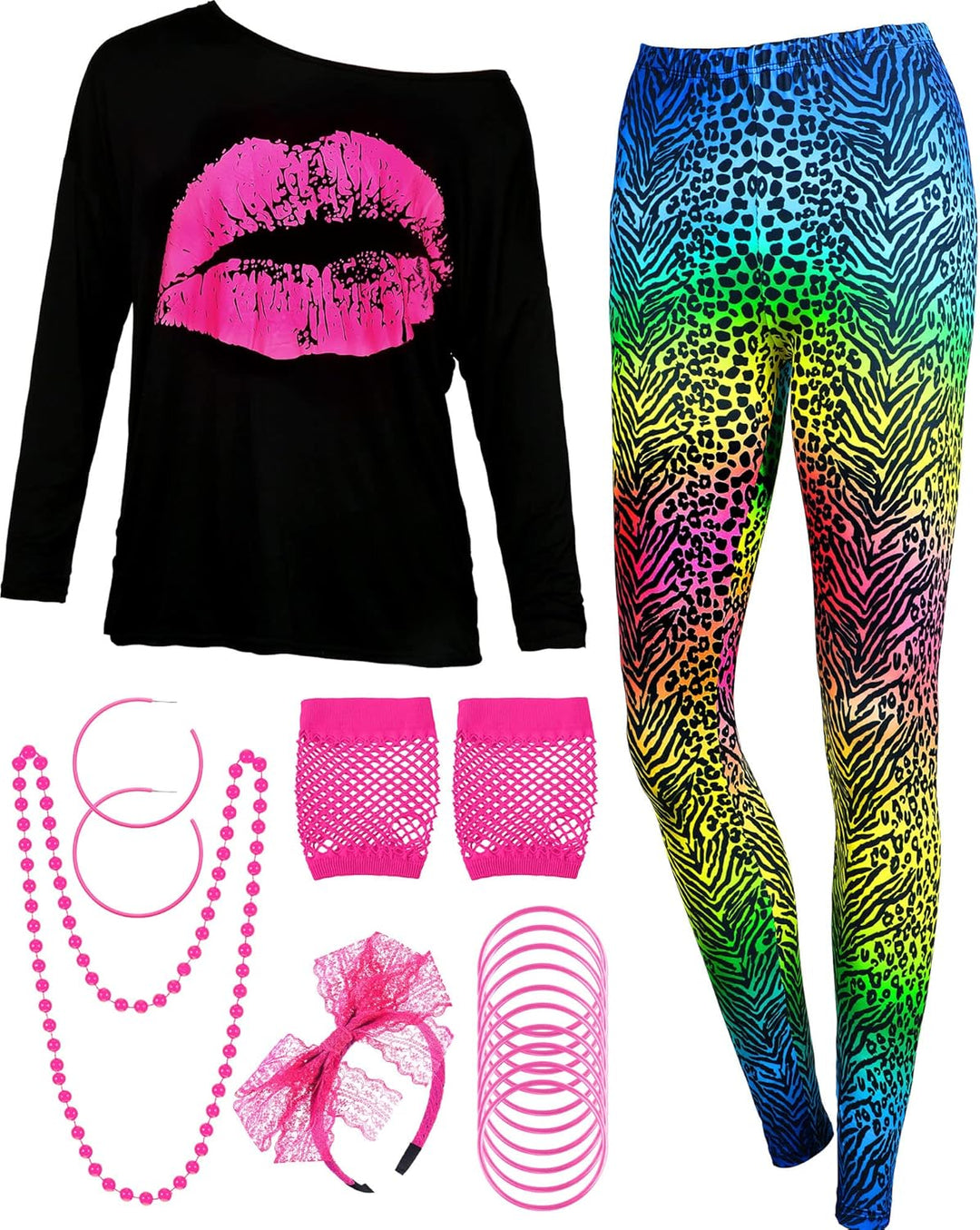 80er Jahre Damen Kostüm Set, T Shirt, Legging Hose Ohrring Halskette Handschuhe Armband(Lange Ärmel