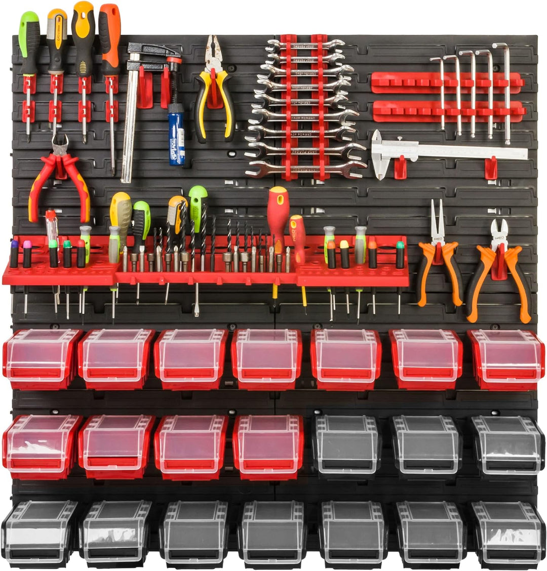Lagersystem Werkstattregal | 78 x 78 cm | 21 stck. Box | Wandregal mit Werkzeughalterungen und Stape
