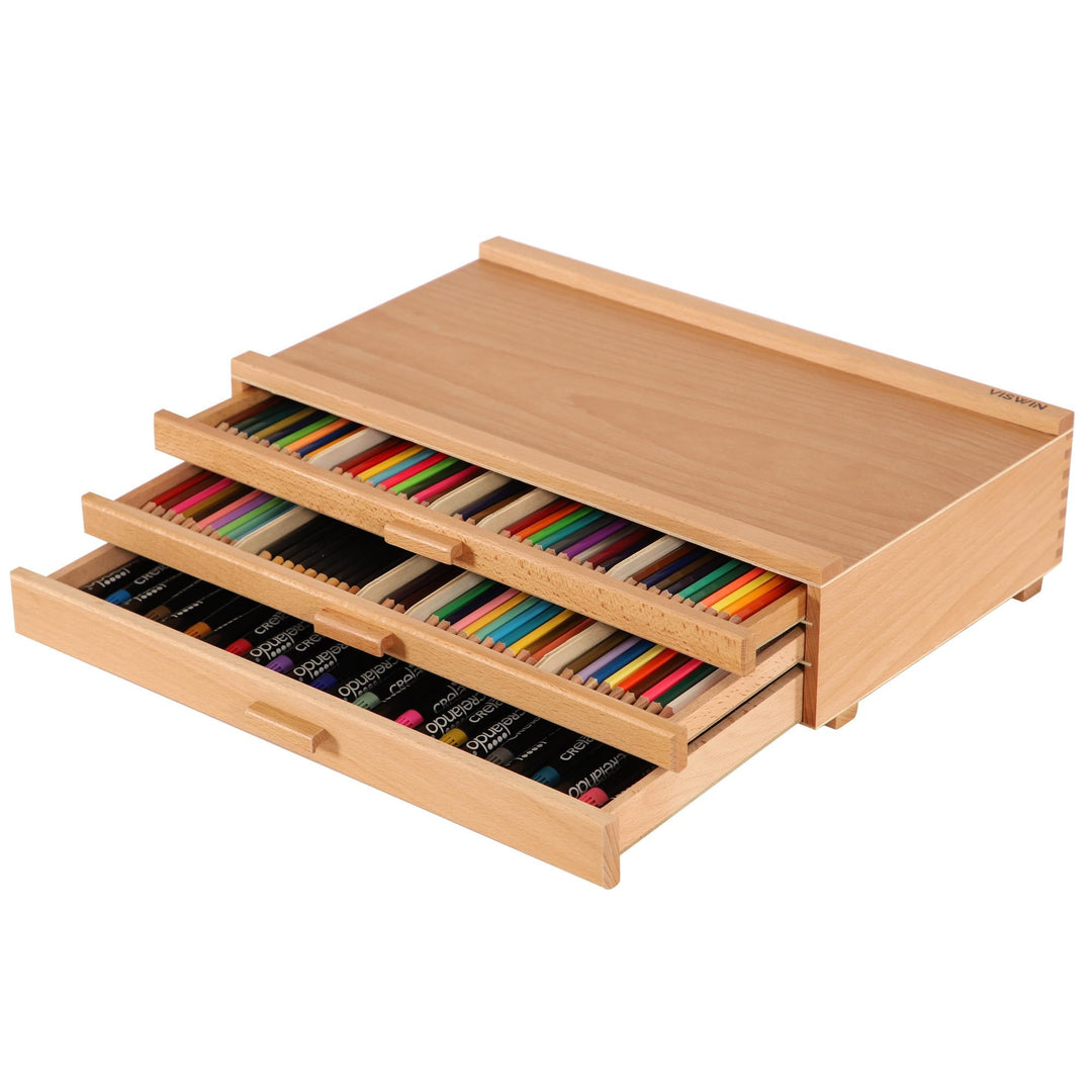 VISWIN 3-Schublade Holz Artist Supply Storage Box mit abnehmbaren Trennwänden, Premium Buche Holz Ar