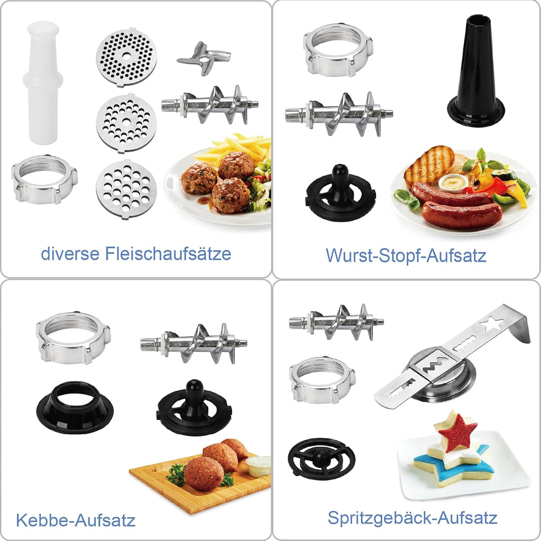 Emerio Fleischwolf | elektrisch | 3 Fleischeinsätze (fein/mittel/grob) + Wurststopfaufsatz + Kebbeau