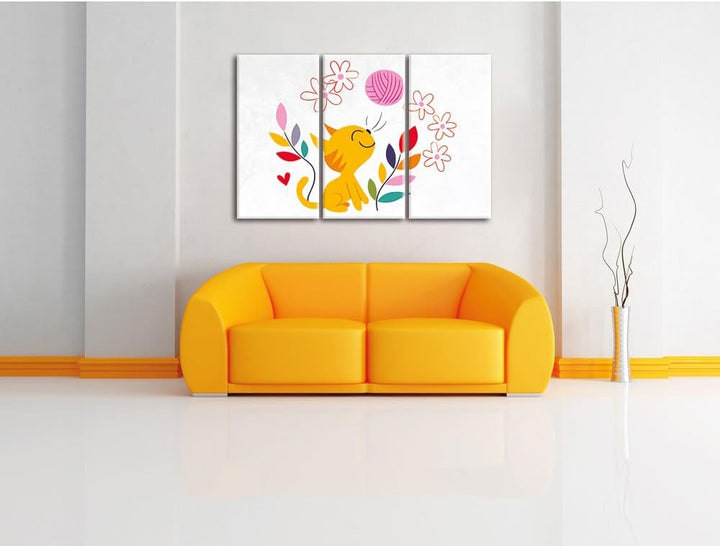 Pixxprint Niedliche Katze mit Wollknäuel weiss 3-Teiler Leinwandbild 120x80 Bild auf Leinwand