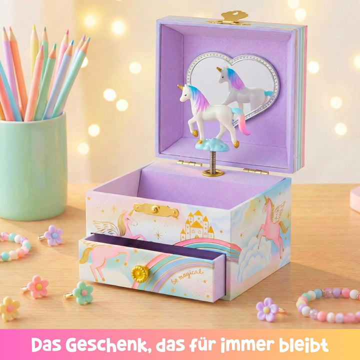 Musikalisches Einhorn-Schmuckkästchen für Mädchen – Kinder tanzende Einhorn-Spieluhr mit Spiegel, Ei