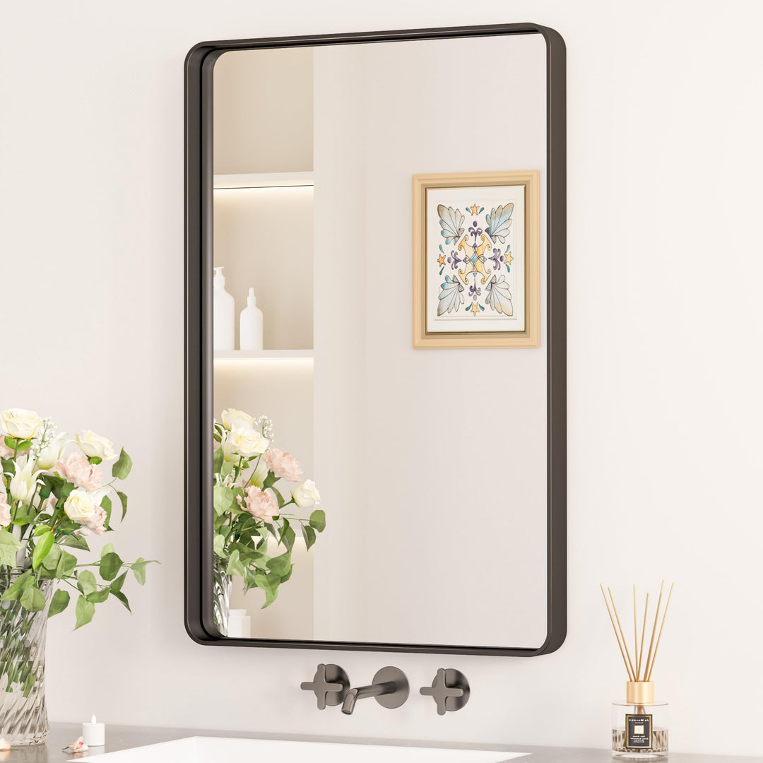 Keonjinn Wand Spiegel Schwarz 50x75cm, Badezimmerspiegel Badspiegel mit Metallrahmen, Gehärtetes Gla