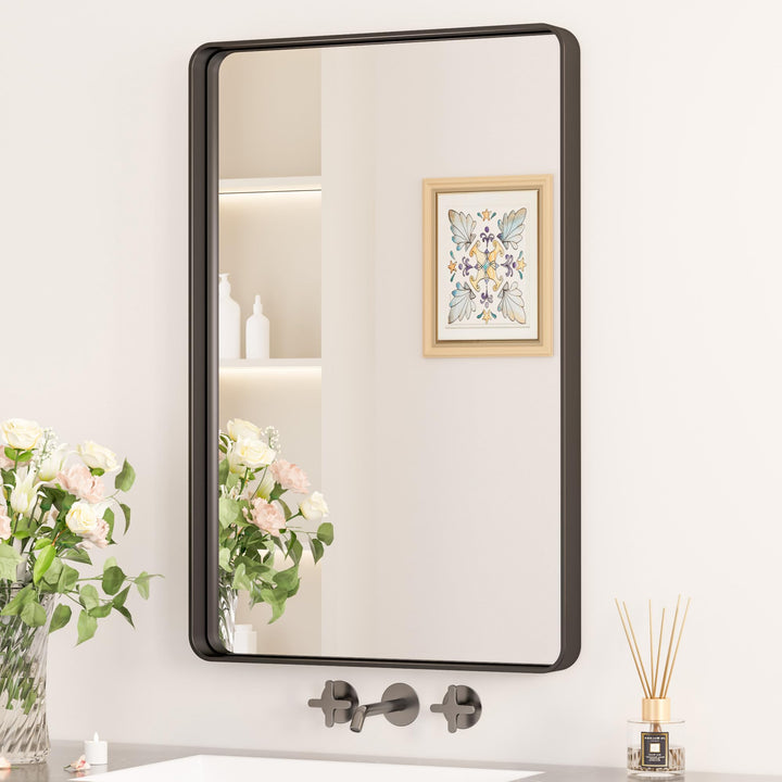 Keonjinn Wand Spiegel Schwarz 50x75cm, Badezimmerspiegel Badspiegel mit Metallrahmen, Gehärtetes Gla