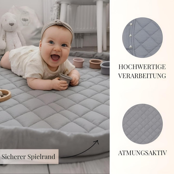 Krabbeldecke rund 110cm – Extra Weich, Dick Gepolstert, Waschbar, Schadstofffrei, Spieldecke Baby fü