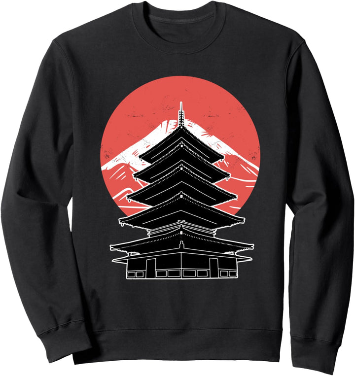 Japanischer Tempel im Cut-Out-Stil gegen einen Berg Sweatshirt