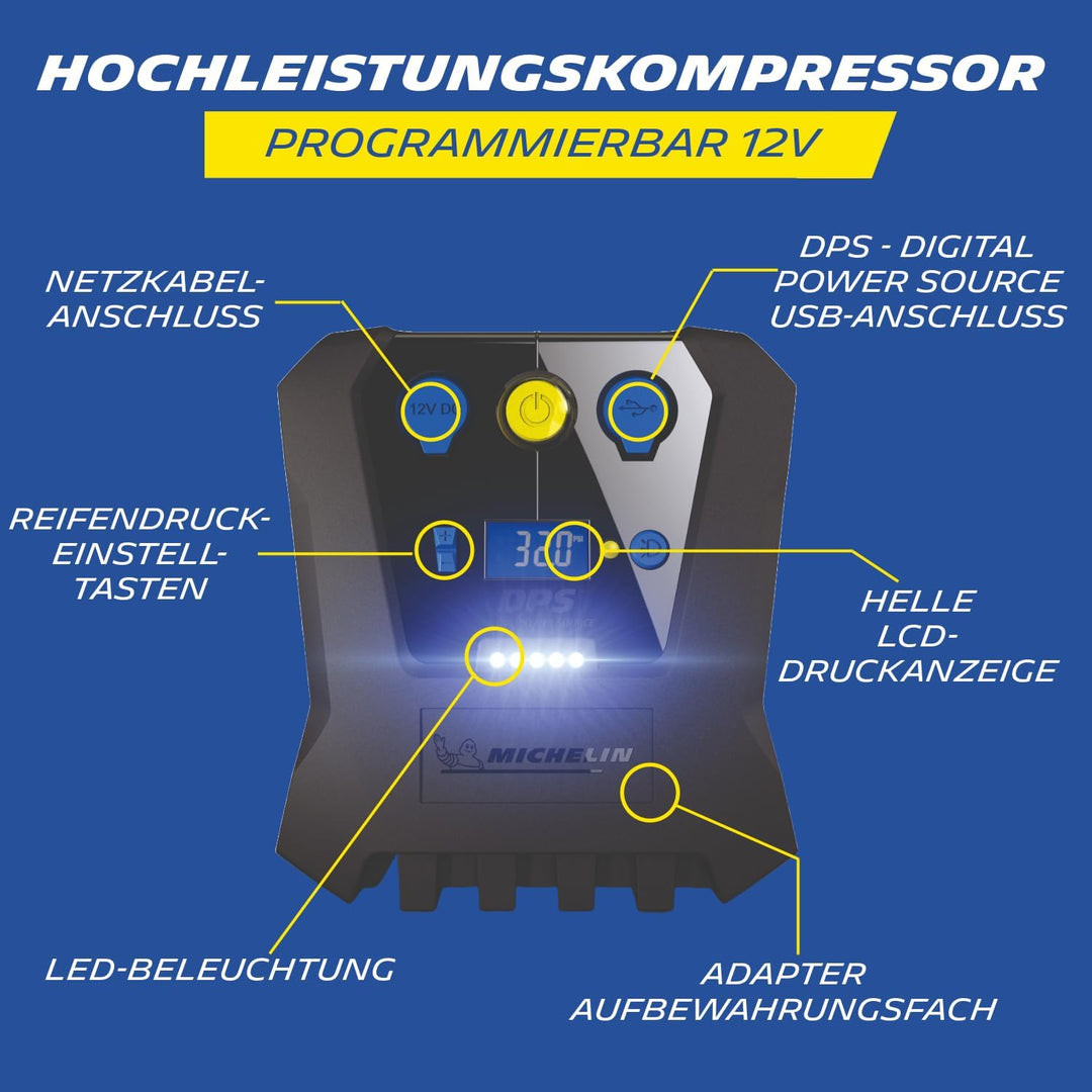MICHELIN 62003 Luftkompressor 12v fürs Auto | Programmierbar und Digital | Reifendruck Luft Kompress