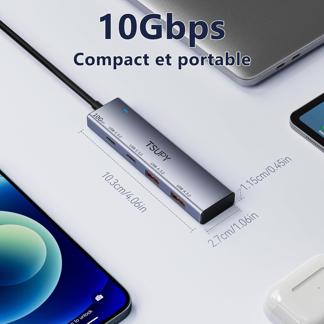 TSUPY USB C Hub 10Gbps, USB c Verteiler mit 2*Type-C 3.2 und 2*Type-A 3.2 Ports, Aluminium USB 3.2 A