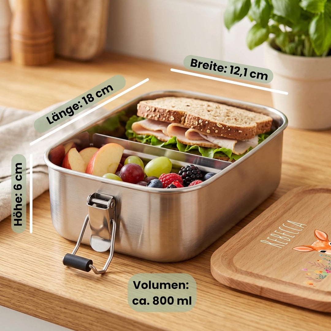 LOOXIS Personalisierte Lunchbox für Kinder – Personalisierbare Brotdose Namen und Motiv, Buchenholzd