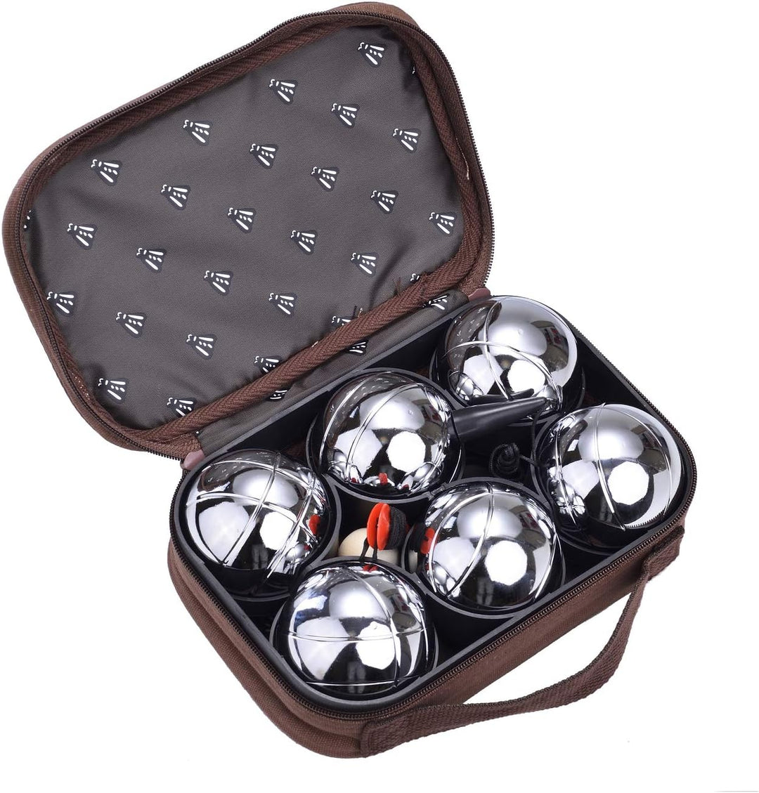 LAGUIOLE - Petanque Set Set besteht aus 6 Metall-Petanquekugeln, einem Wagenheber und einem Magnetku