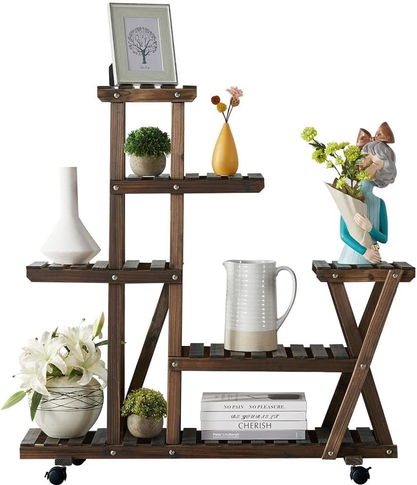 Yaheetech Pflanzentreppe Holz Blumenständer mit Rollen Pflanzenregal Blumenregal Balkon Blumentreppe