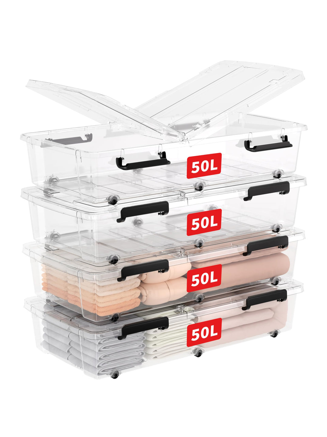 Cetomo,50L,4er-Pack, Aufbewahrungsbox mit deckel,Aufbewahrungsboxen, mit Clips, stapelbar, Wohnzimme