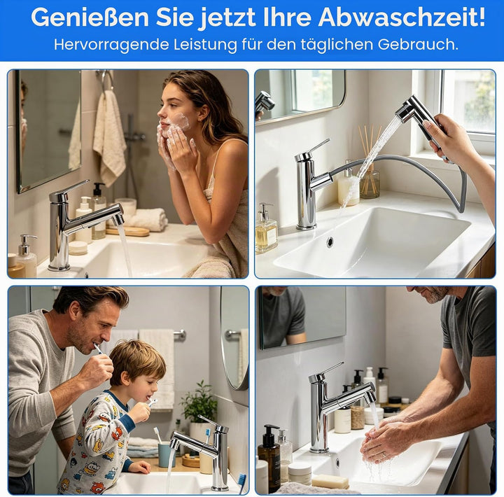Wasserhahn Bad mit Ausziehbar Brause, Hochdruck Waschtischarmatur Einhebelmischer mit 3 Strahlarten,