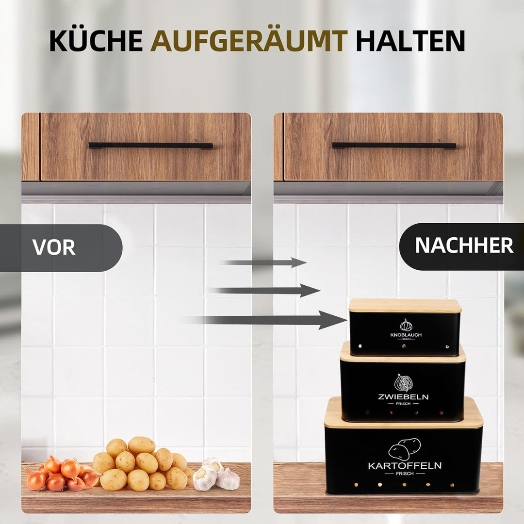 3er Set Kartoffel Aufbewahrungsbox Schwarz - Rechteckiger - Kartoffel Zwiebel Knoblauch Aufbewahrung