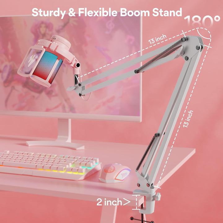 MAONO Gaming Mikrofon Rosa mit Geräuschunterdrückung, Computer PC Kondensatormikrofon mit RGB-Licht,