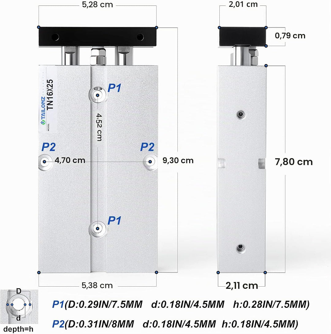 TAILONZ PNEUMATIC 16mm Bohrung 25mm Hub Doppelstange Doppeltwirkend Aluminium Druckluftzylinder TN16