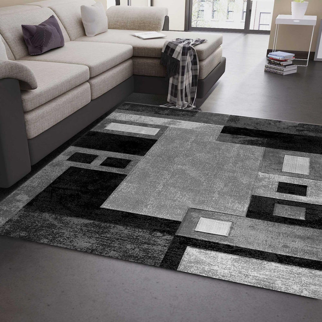 VIMODA Designer Teppich Wohnzimmer Grau Kariert mit Farbverlauf und Konturenschnitt, Masse:60 x 110