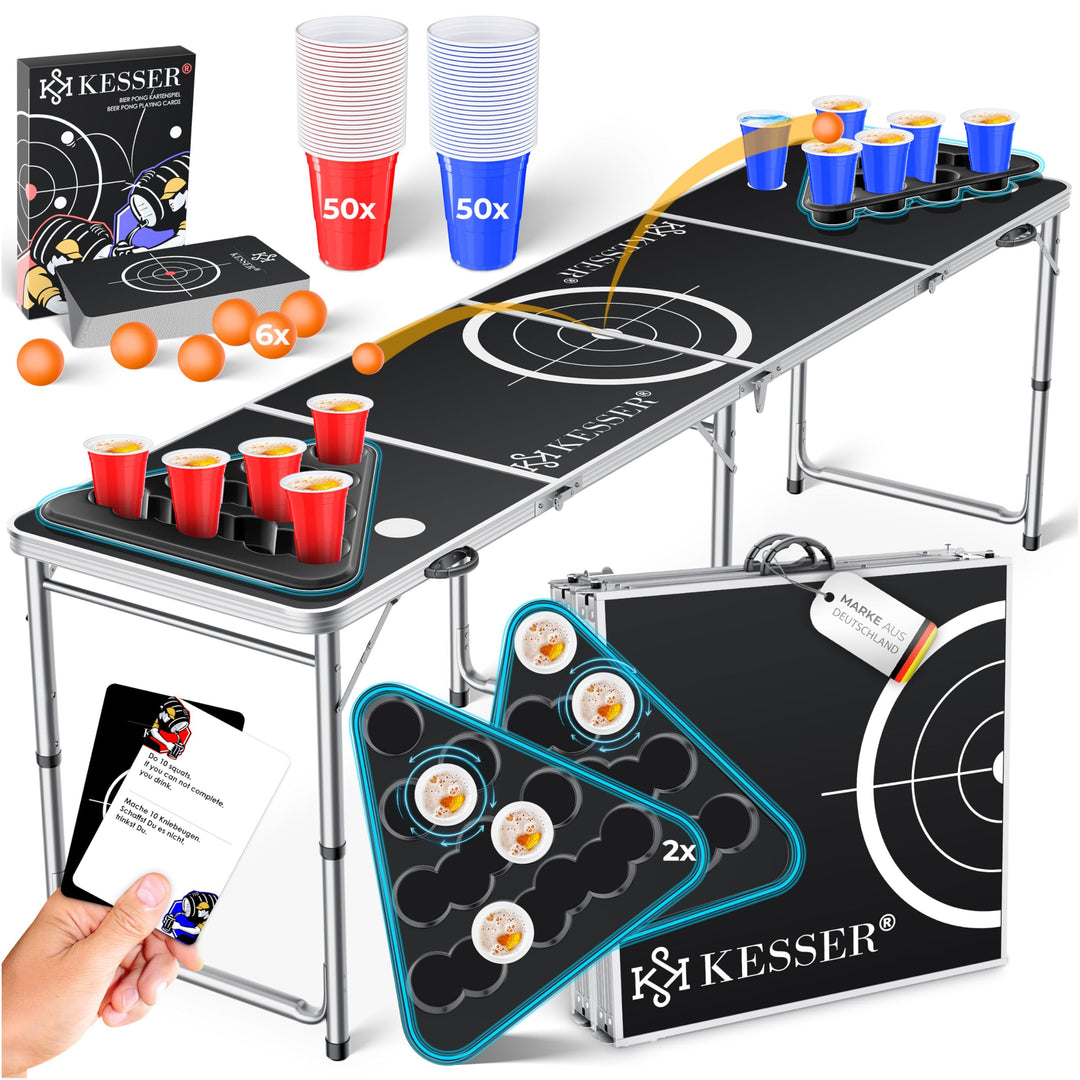 KESSER® Bier Pong Tisch Set mit Kartenspiel Trinkspiel - inkl. 100 Becher (50 Rot & 50 Blau), 6 Bäll