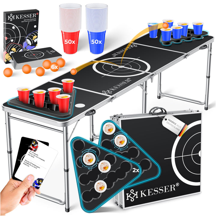 KESSER® Bier Pong Tisch Set mit Kartenspiel Trinkspiel - inkl. 100 Becher (50 Rot & 50 Blau), 6 Bäll