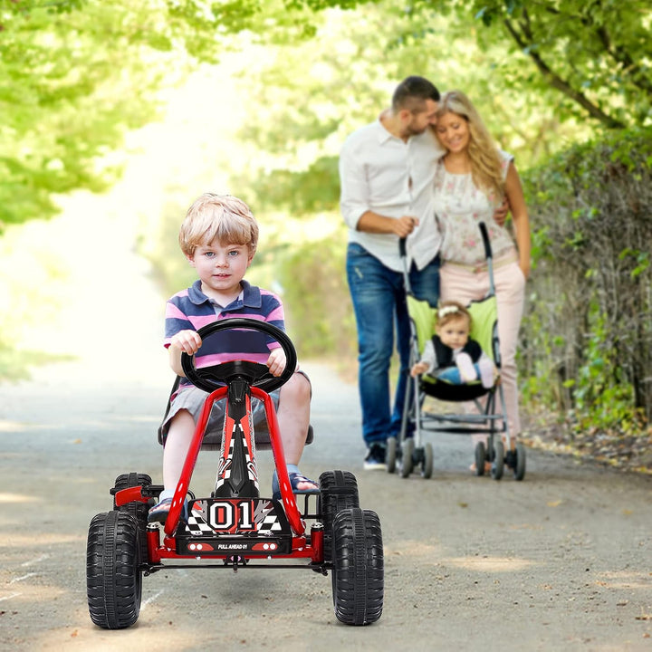 DREAMADE Gokart mit Handbremse & verstellbarem Sitz, Tretauto Tretfahrzeug mit geschlossenem Kettenk