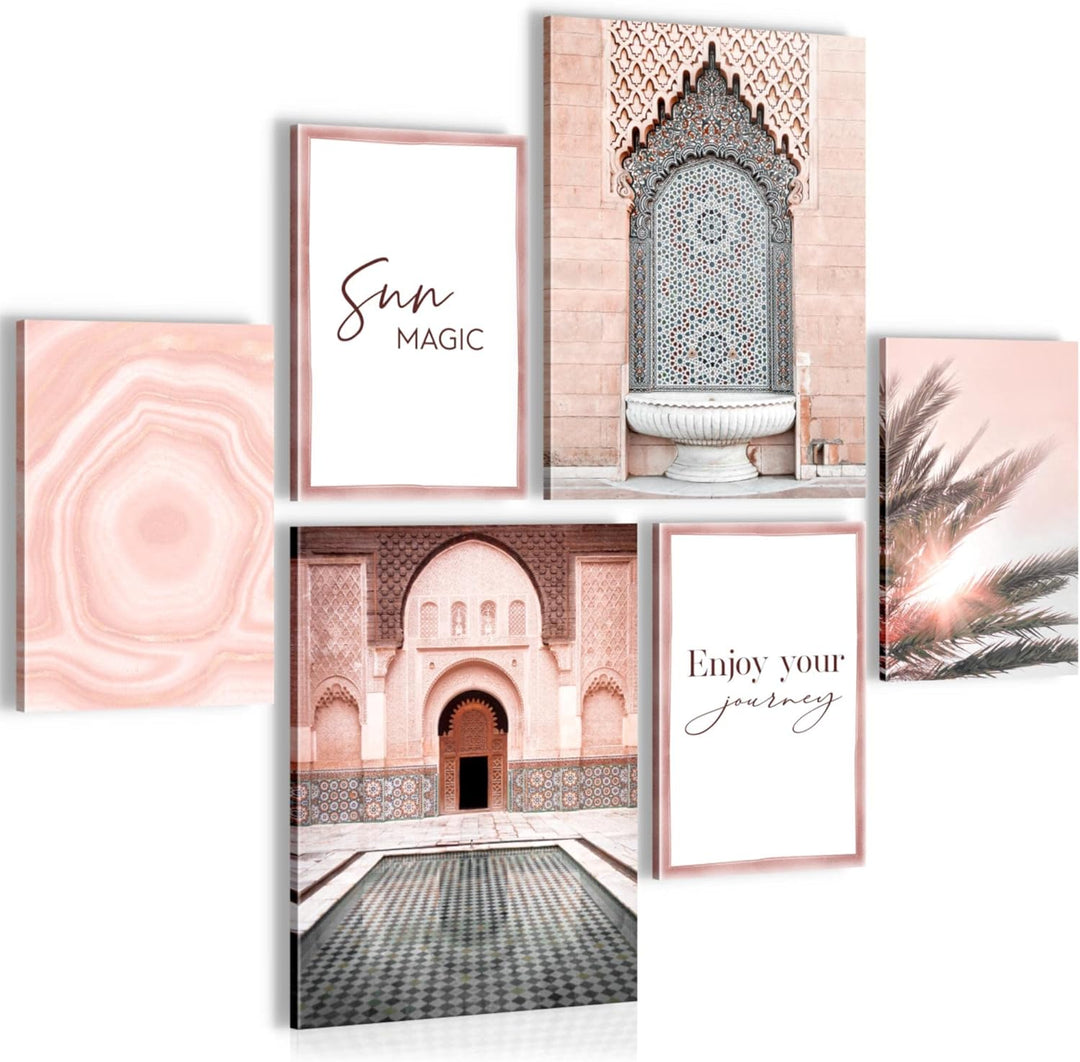 Novart Bilder Set - AUFHÄNGFERTIG - KEIN EXTRA RAHMEN BENÖTIGT - Oriental Marokko Palme Modern Rosa