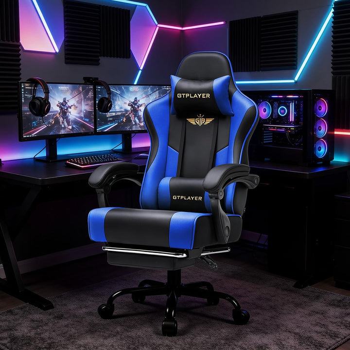 GTPLAYER Gaming Stuhl Chair Gamer Sessel - Ergonomischer Gamer Stuhl mit Fussstütze Kopfstütze und L