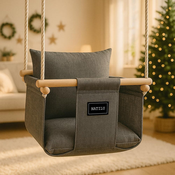 NATILU® Babyschaukel Set mit Sicherheitsgurt Haken Ringe Silver | Schaukel Baby Indoor Outdoor | Kin