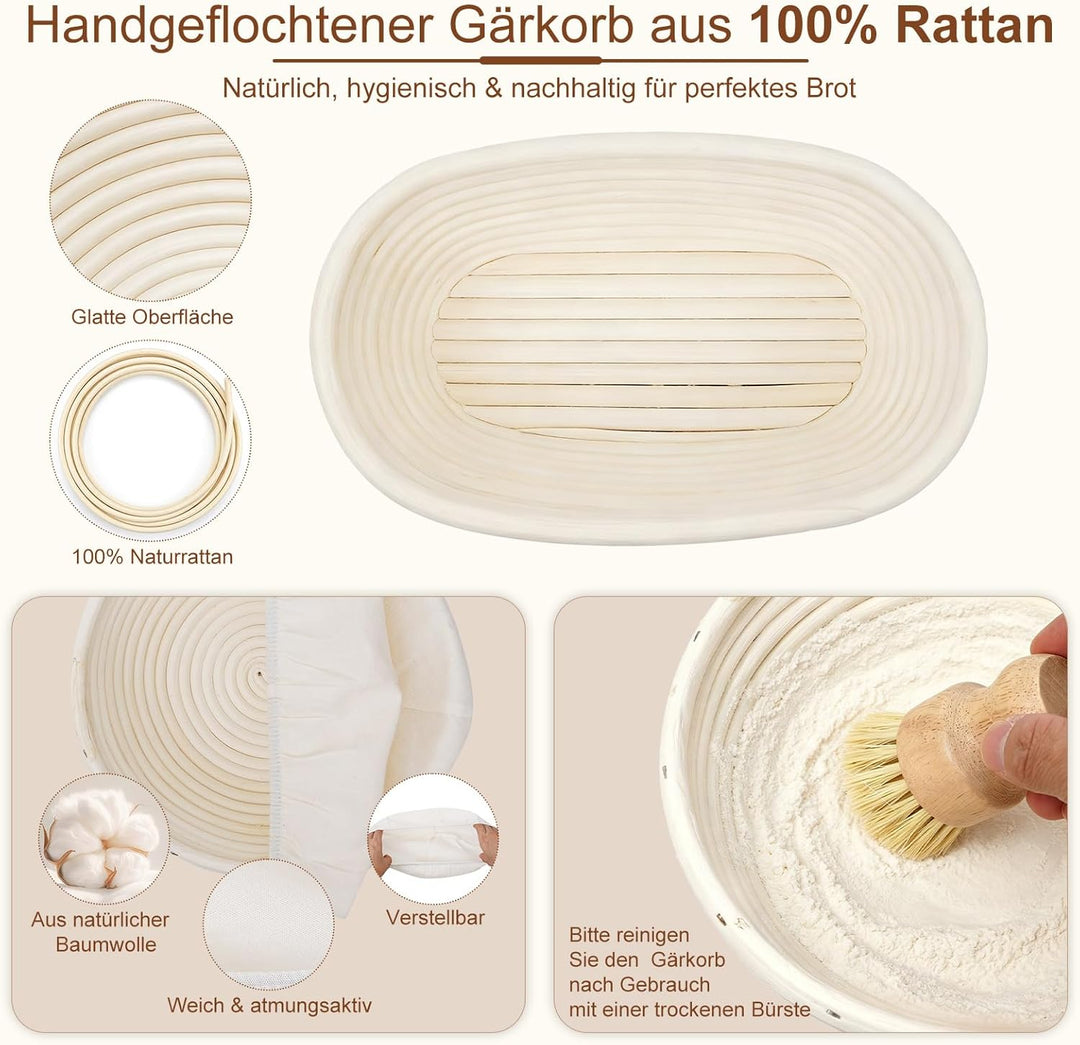 Sauerteig Starter Set, 2 Gärkörbchen aus Reinem Naturrattan(23cm Rund & 25cm Oval), Lebensmittelecht
