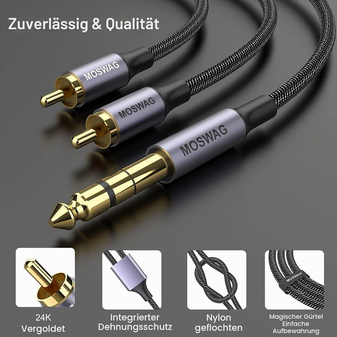 MOSWAG 6,35mm auf Dual Cinch TRS Audio Y Splitter Kabel/Adapter 10M | Harte Nylon gewebte RCA Kabel