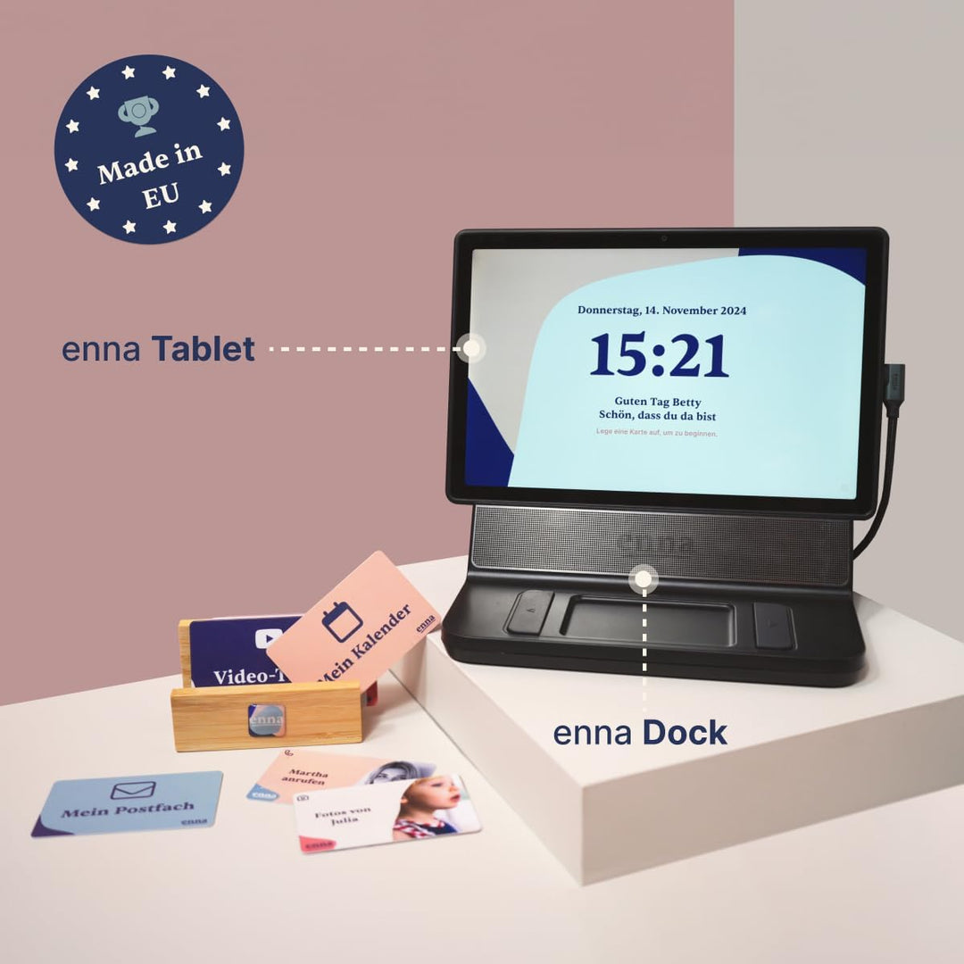 enna Dock inkl. 5 Starter-Karten - Tablet für Senioren, einfache Bedienung mit Karten, Videoanrufe m