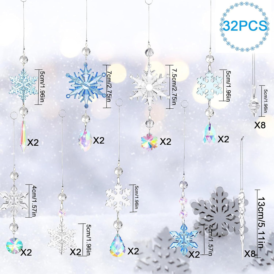 32 Stück Acryl Eiszapfen Schneeflocke Eistropfen Anhänger,Weihnachtsbaum Kristall Dekorationen,Weihn