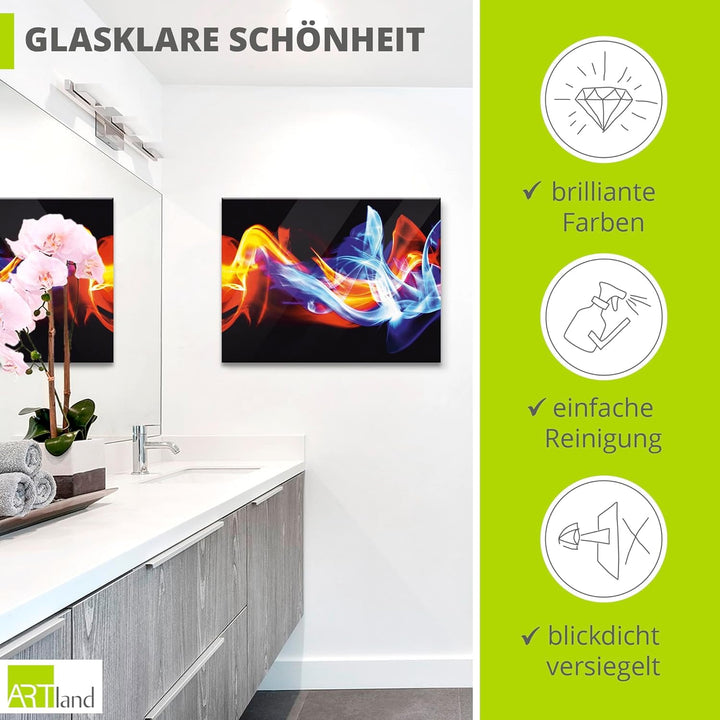 ARTland Glasbilder Wandbild Glas Bild einteilig 80x60 cm Querformat Abstrakte Kunst Feuer EIS Modern