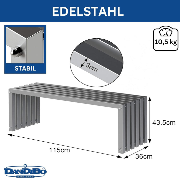 DanDiBo Gartenbank Wetterfest Metall Edelstahl Massiv 115 cm Sitzbank Outdoor Garten 96607 Parkbank