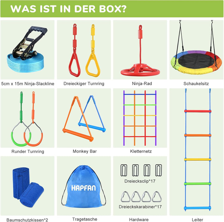 Hapfan 15M Ninja Slackline Kinder Nestschaukel Outdoor Set mit Seilrolle, Ninja Warrior Parcours Kin