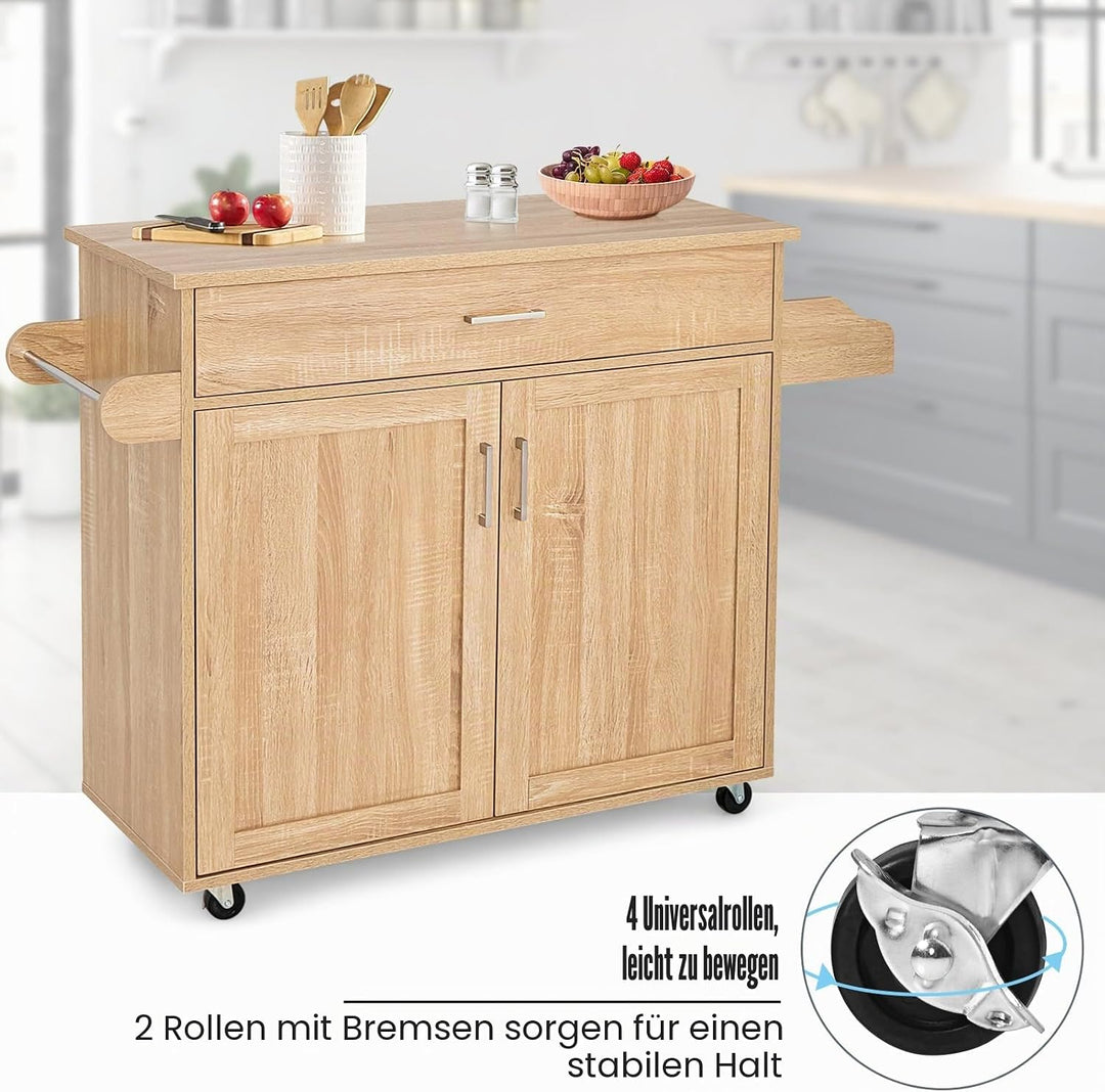KOMFOTTEU Küchenwagen Servierwagen mit Arbeitsplatte, Küchenschrank Holz mit Rollen, Kücheninsel küc