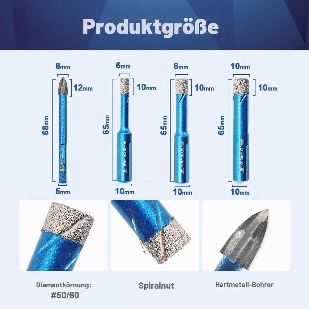 Diamantbohrer Fliesenbohrer Set - BRSCHNITT 6/6/8/10mm Diamant Bohrkrone - Lochsäge für Keramik,Gran