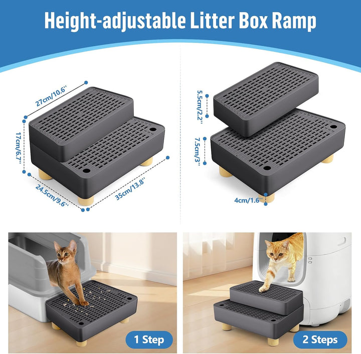 Verstellbare 2-stufige Katzentoilettenrampe, Katzen Treppen&Stufen mit Holzfüsse Filterfunktion, lei