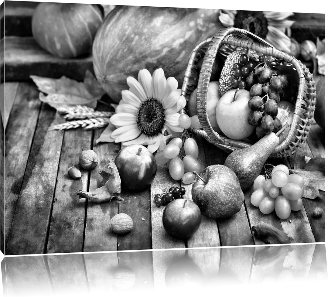 Pixxprint Monocrome, Herbstlicher Obstkorb, Format: 100x70 auf Leinwand, 100x70