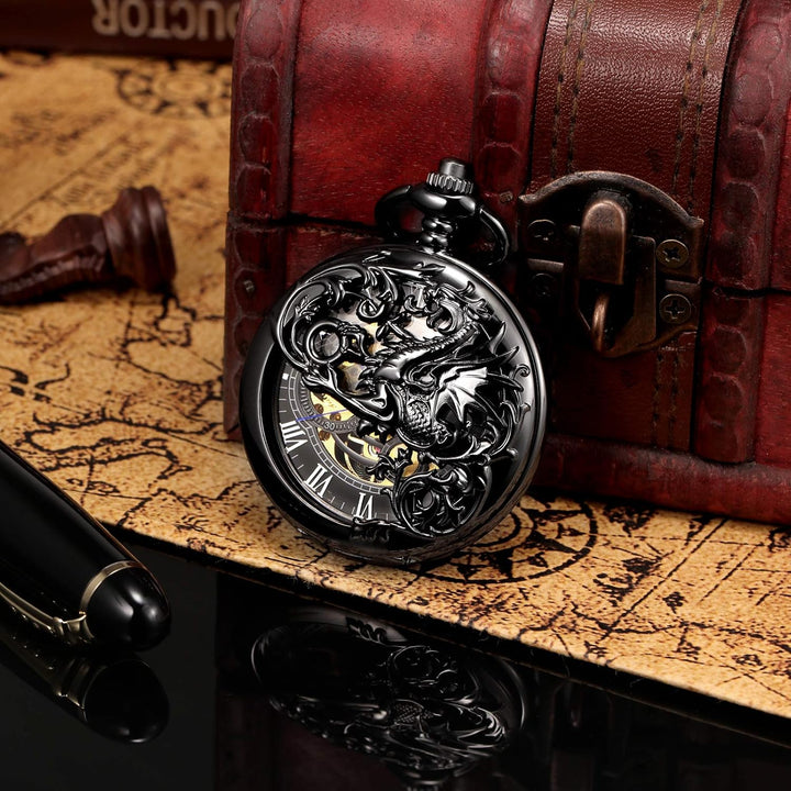 TREEWETO Unisex Taschenuhr mit Kette Analog Handaufzug Doppelscharnier Antik Drache Skelett Bronze 5