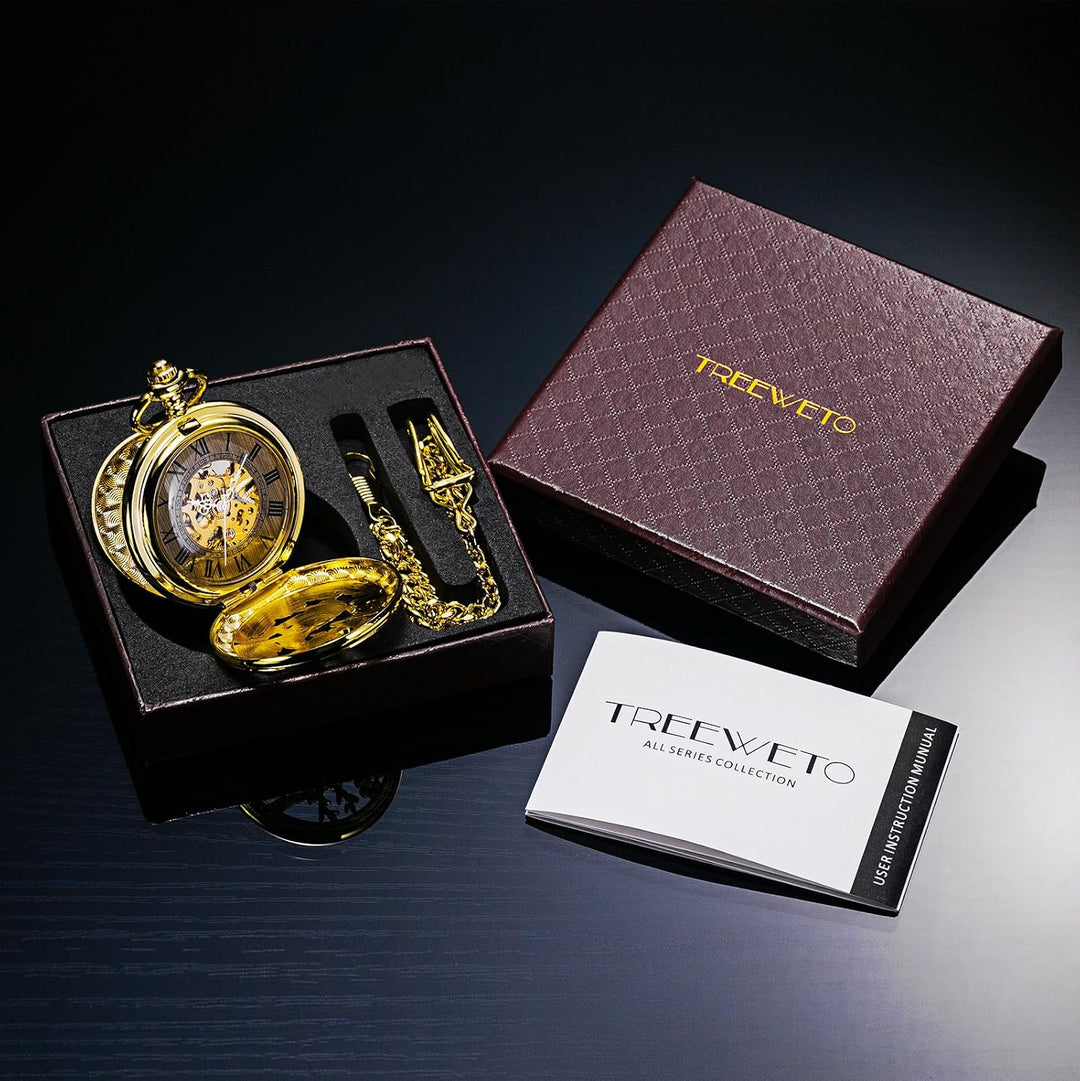 Treeweto Vintage Taschenuhr, mechanisch, doppelter Abdeckung, hohles Gehäuse, Skelett, Steampunk, Hi
