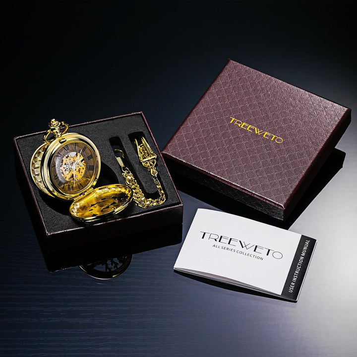 Treeweto Vintage Taschenuhr, mechanisch, doppelter Abdeckung, hohles Gehäuse, Skelett, Steampunk, Hi