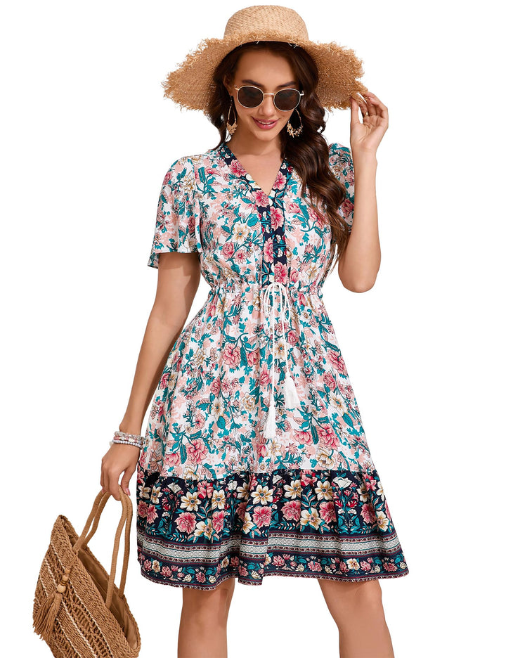 KOJOOIN Damen Sommerkleid Boho Tunika Kleid Kurzarm Minikleider V-Ausschnitt Strandkleid kurz Blumen