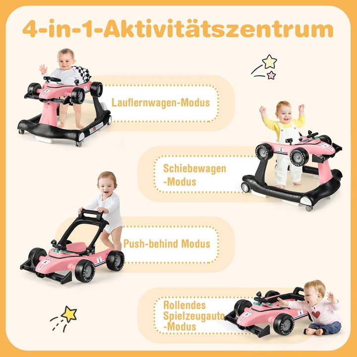 DREAMADE Lauflernhilfe, 4 in 1 Autoförmiger Lauflernwagen mit einstellbarer Geschwindigkeit, Musik &
