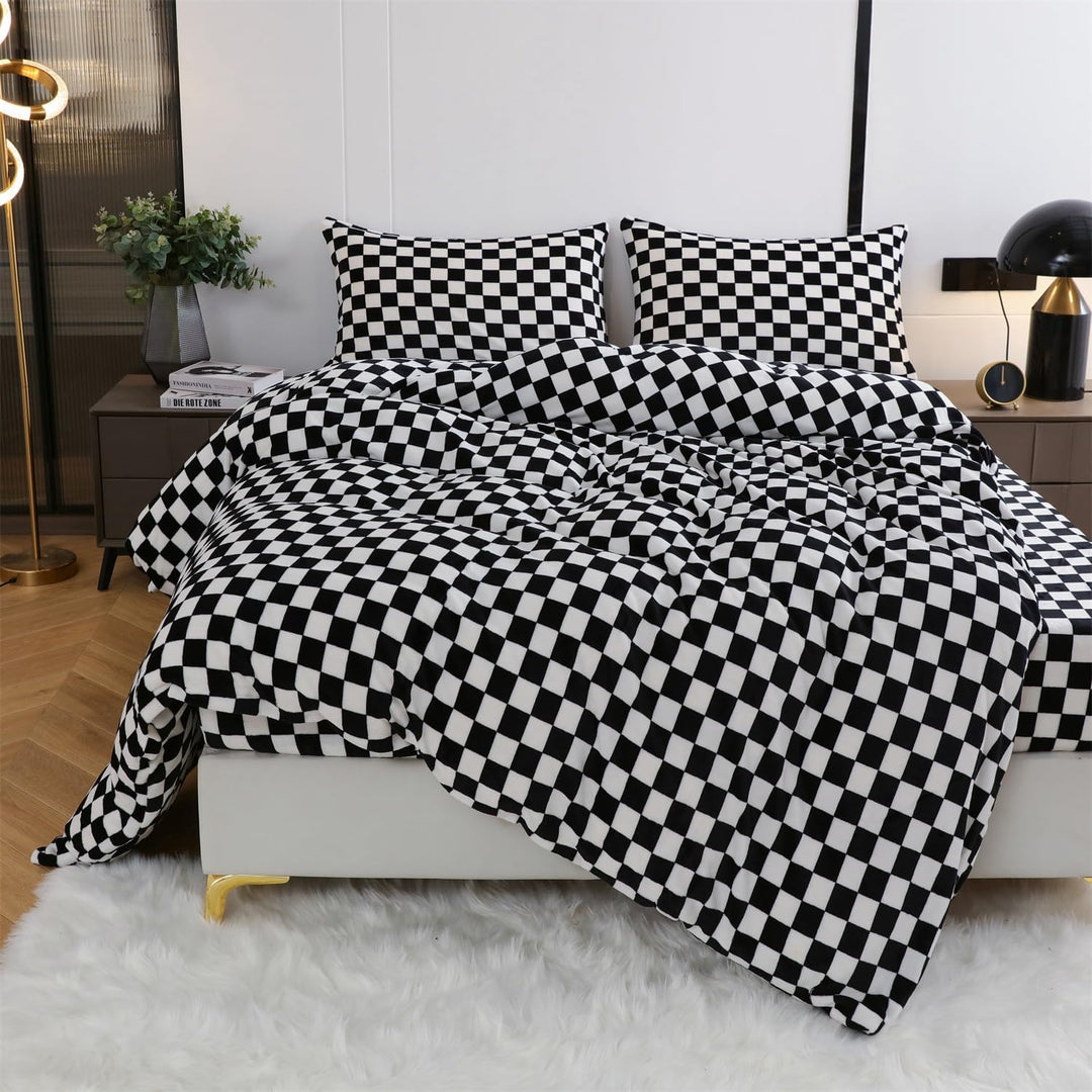 DXHOME Winter Bettwäsche 220x240 Flauschig Kuschelig Kariert Schwarz Weiss Bettwäsche Extra Warm 3te