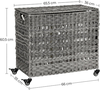 SONGMICS Wäschekorb handgeflochten, Wäschesammler aus Polyrattan, mit 3 Fächern, Deckel und Griffen,