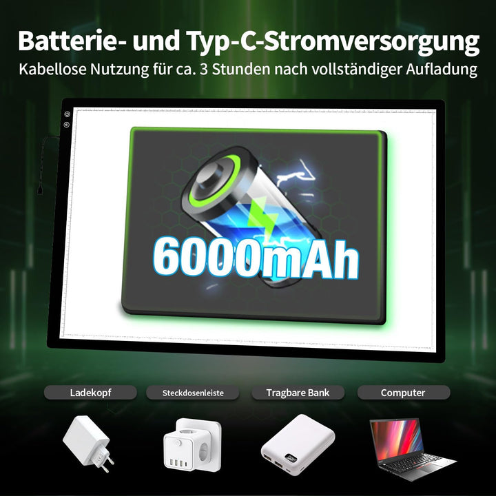 elice Wiederaufladbare grosse A1 leuchttisch,6000mAh Batteriebetriebener,3-Farben-Lichtmodi,Leuchtta